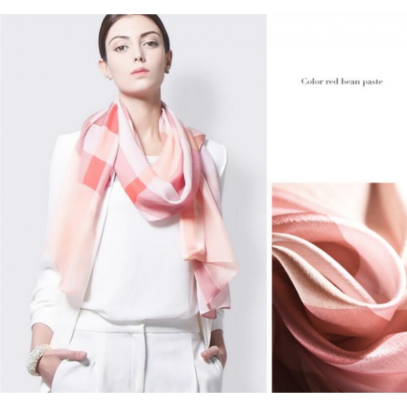 Pure Silk Scarf Pink Plaid Women Summer Scarf